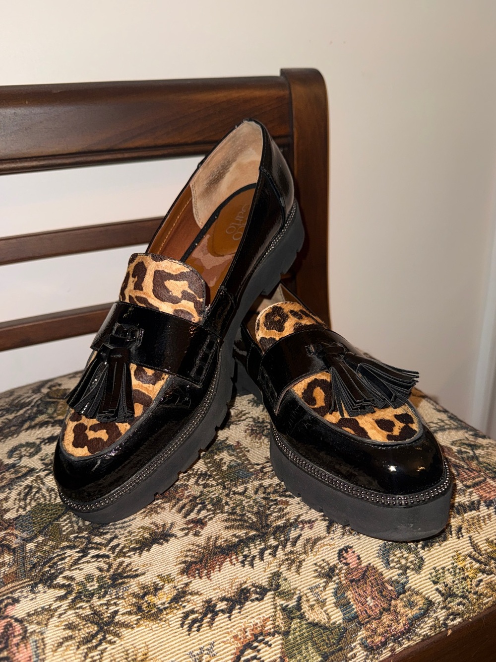 Franco Sarto Black Patent Leather Loafers with Leopard Print - Picture 2 of 14